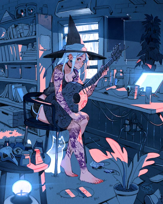 A witch playing the guitar surrounded by potions, books and plants. The tone of this illustration is blue.