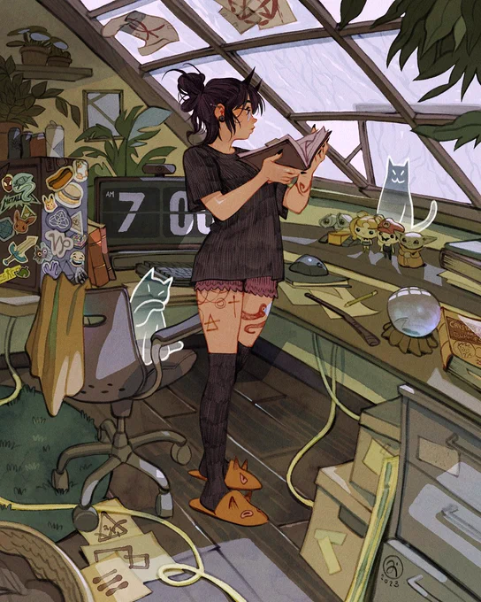 A witch watching outside the window while reading a book surrounded by ghost cats. Behind her there's a PC with stickers on it and all around the room there are trinkets, pop figures and plants.
