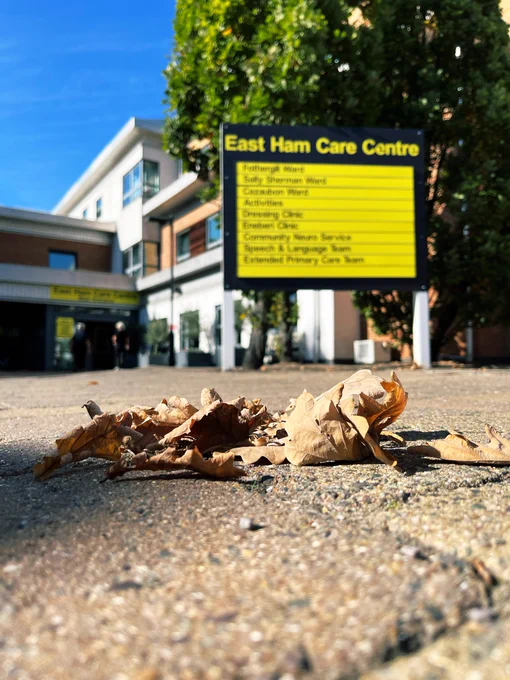 Photo of East Ham Care Centre. The sky is blue and there are leaves on the ground