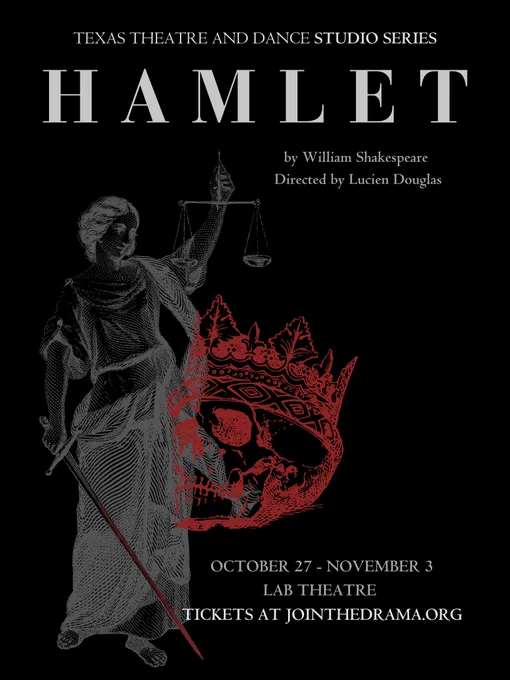 Graphic for the studio project HAMLET, directed by Lucien Douglas, featuring a woman holding a scale and a red skull with a crown