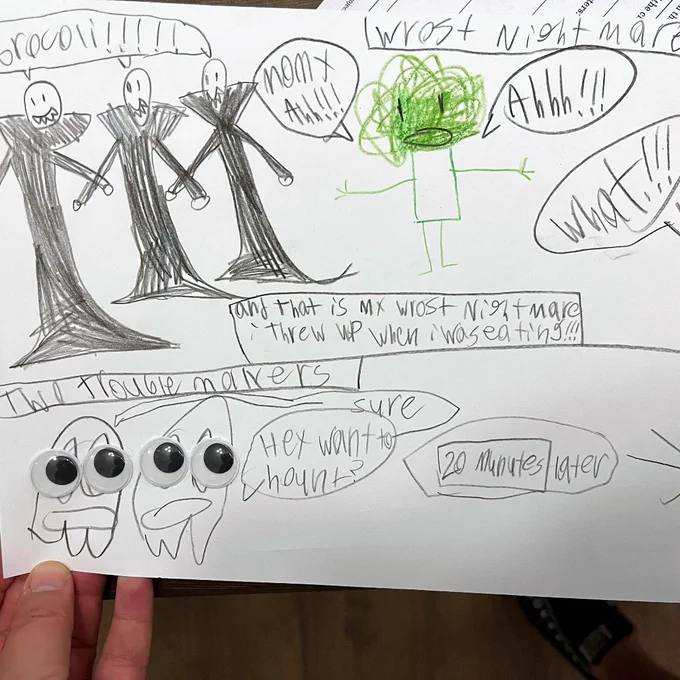 [Image: A story, drawn by a student, with two panels. In the upper panel, three vampire-like creatures are excited to see a giant broccoli person, who is frightened. In the lower panel, a ghost with googly eyes asks another ghost with googly eyes, "Hey, want to haunt?"]