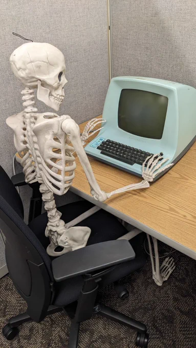 Halloween skeleton at very old computer terminal