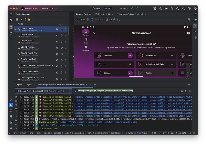 Android Studio device streaming example showing the Google Pixel 8