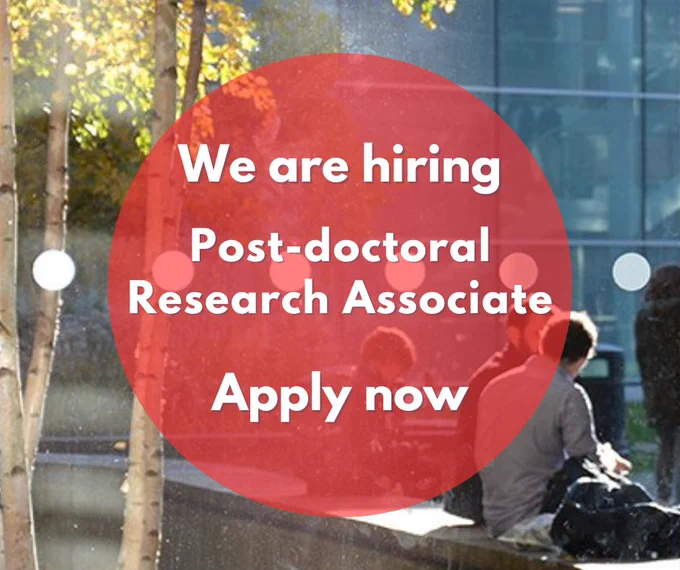 People are sitting and walking in the Alison Richard Building garden. Text reads: We are hiring, Post-doctoral Research Associate, Apply now.