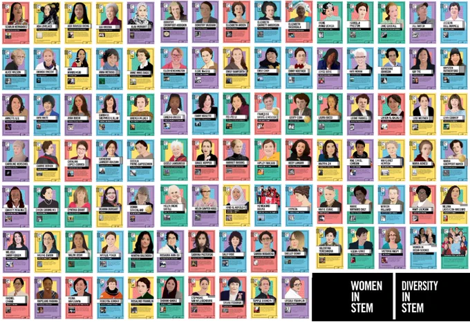Collage of the 100 posters, each one is tiny so it's impossible to read individual posters but it's a colourful grid of poster backgrounds with "Women in STEM" and "Diversity in STEM" in a black box in the corner.