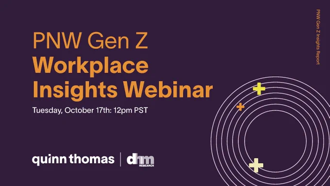 Decorative graphic with text: PNW Gen Z Workplace Insights Webinar. Tuesday, October 17th: 12pm PST.