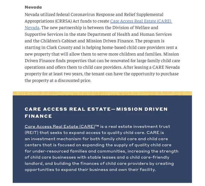 A screenshot of text talking about Care Access Real Estate in Nevada and Mission Driven Finance's efforts to purchase properties for child care providers