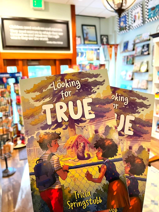 Copies of author Tricia Springstubb’s book, Looking for True, at Cover to Cover Children’s Books.