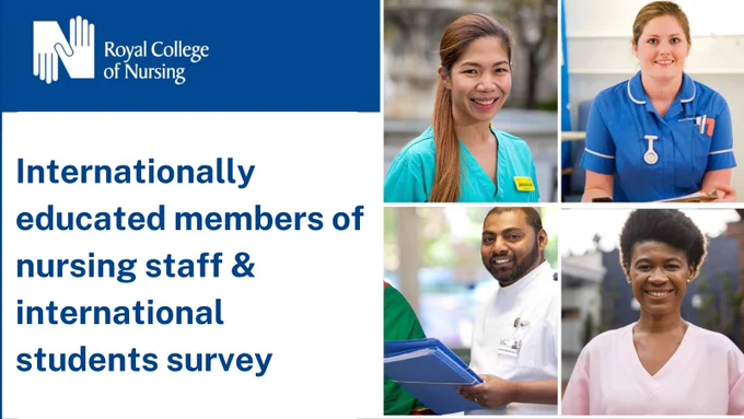 Internationally educated members of nursing staff are pictured on the right-hand side.

On the left-hand side the text reads: Internationally educated members of nursing staff & international students survey