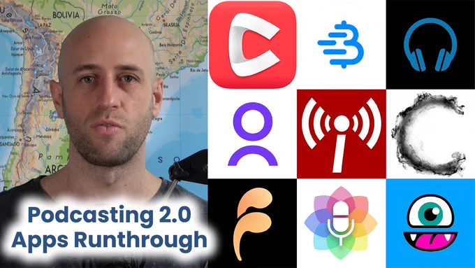 Handsome baldie staring lovingly at the camera on the left. A 3x3 grid of podcasting app logos on the right.