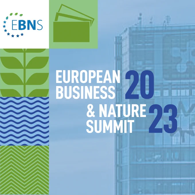 Social media graphic for the European Business and Nature Summit 2023, with the EBNS logo at the top.