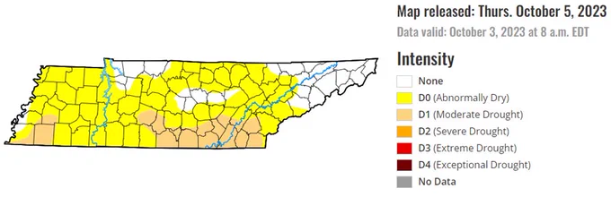 Drought monitor graphic for the state of TN issued October 3, 2023. It depicts worsening drought conditions across the state.