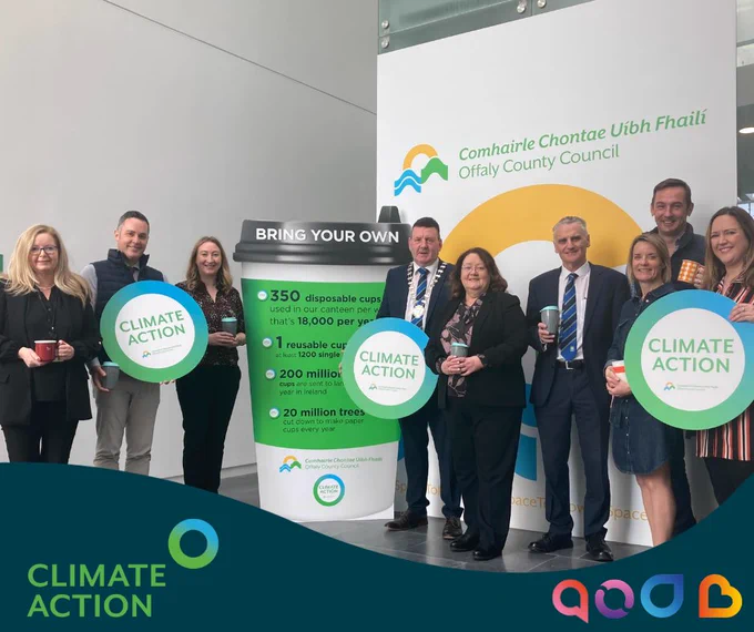 Pictured at launch of Reusable Cups staff initiative were Cathaoirleach Cllr Eddie Fitzpatrick, Chief Executive of Offaly County Council Anna Marie Delaney with Climate Action and Environment Section teams. 