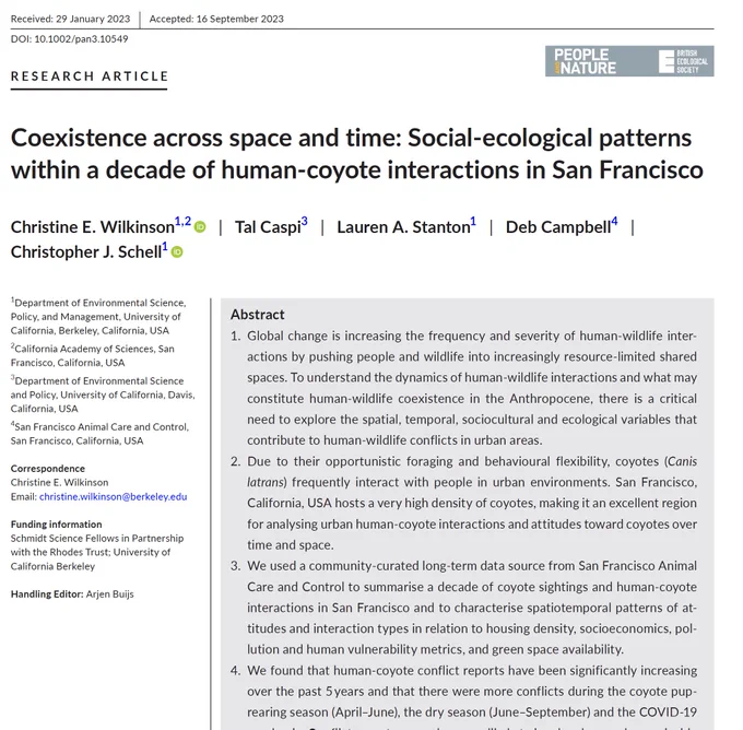 A screenshot of a publication entitled "Coexistence across space and time: Social-ecological patterns within a decade of human-coyote interactions in San Francisco"