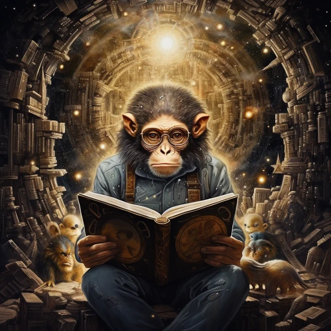 A monkey reading a book, AI image generated by the very title of this post.