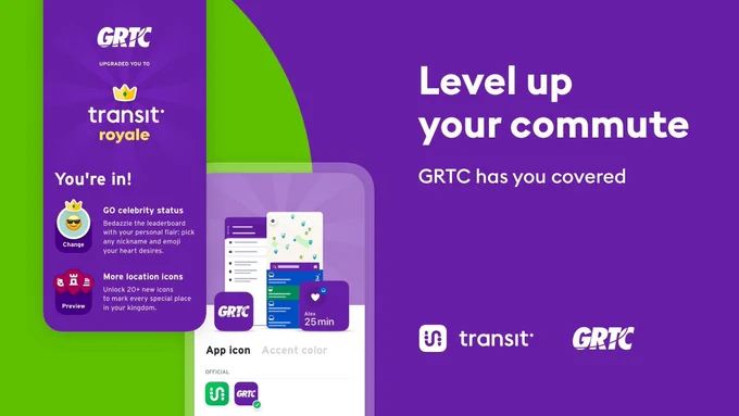 Green and purple graphic with mockups of mobile devices that show the Transit Royale welcome screen and custom features in settings. The graphic reads: Level up your commute. GRTC has you covered. The Transit and GRTC logos are below the text.