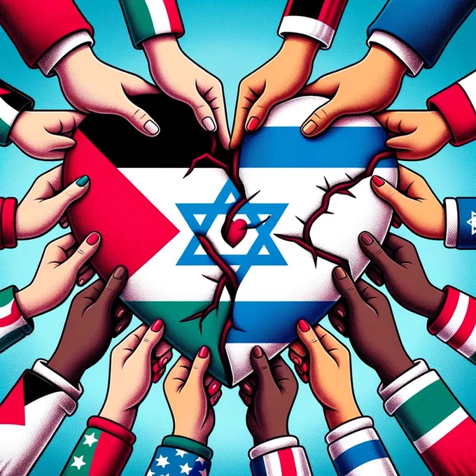 Illustration of the Palestinian and Israeli flags being mended by diverse hands, with a heart in the center symbolizing unity, compassion, and the hope for a peaceful future.