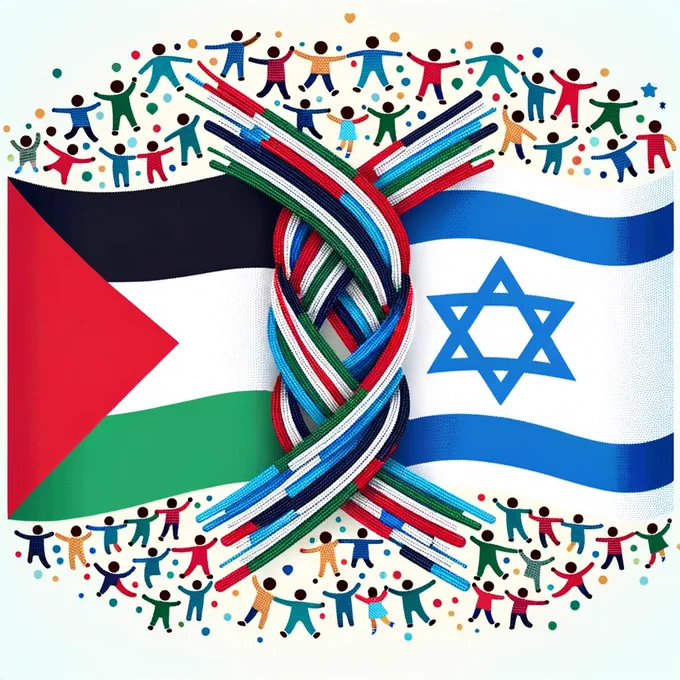 Vector image of the Palestinian and Israeli flags coming together, with a delicate thread made up of interconnected diverse children figures, ensuring a harmonious design, representing the bond of peace.