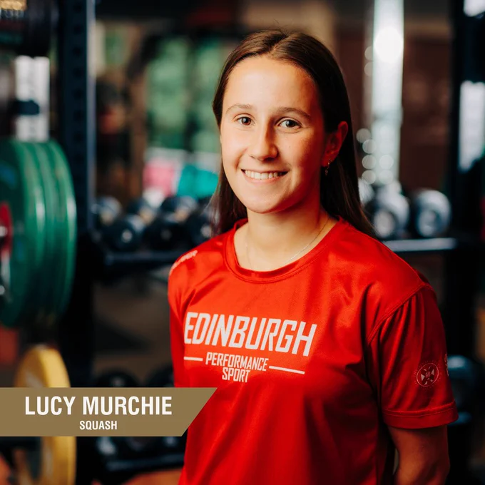 Image of Lucy Murchie in Performance Gym with text: Lucy Murchie, Squash