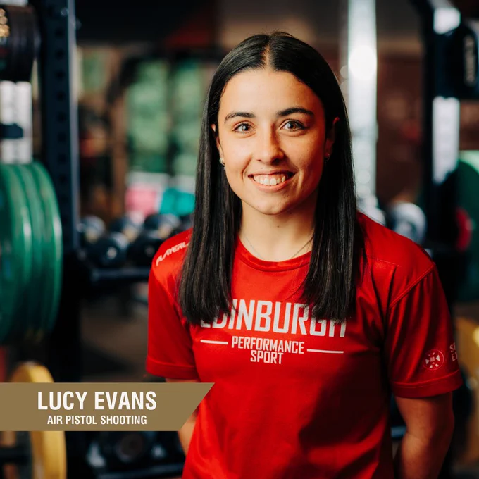 Image of Lucy Evans in Performance Gym with text: Lucy Evans, Shooting