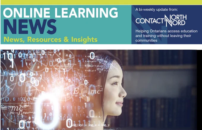Below the masthead of the Online Learning News is an image of a young woman’s profile with an overlay of mathematical numbers and symbols.
