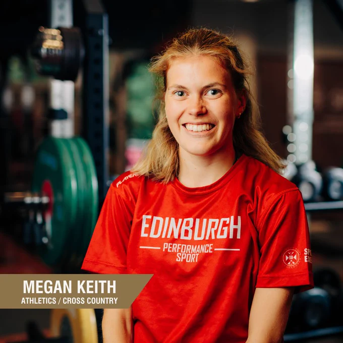 Image of Megan Keith in Performance Gym with text: Megan Keith, Athletics/Cross country