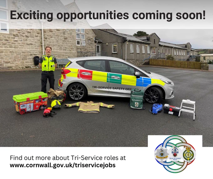Photo of a Tri-Service safety officer next to an emergency vehicle. Text says: Exciting opportunities coming soon! Join our recruitment sessions being held throughout October. Find out more at www.cornwall.gov.uk/triservicejobs