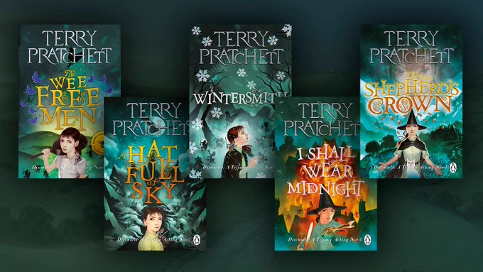 Five new book covers of Tiffany Aching's Discworld books.