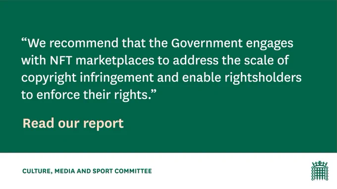 A graphic that says "We recommend that the Government engages with NFT marketplaces to address the scale of copyright infringement and enable rightsholders to enforce their rights. Read our report."