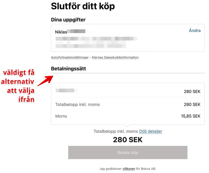 screen capture av en Klarna checkout utan ett enda betalningssätt att välja ifrån.