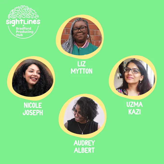 a green background with four headshots of Liz Mytton, Uzma Kazi, Nicole Joseph, and Audrey Albert