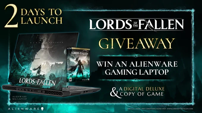 Image showcasing "2 days to launch" competition, in the image a Lords of the Fallen Skinned laptop can be seen alongside a copy of the deluxe edition. Text on the right reads: Lords of the Fallen, Giveaway, Win an Alienware Gaming Laptop, & a digital copy of the game.