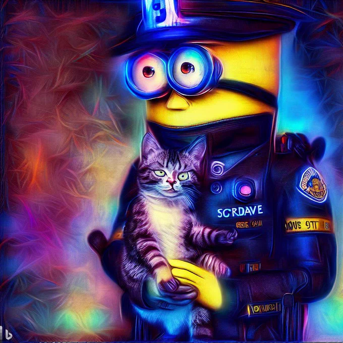 Ein Minion in Polizeiuniform trägt eine Katze auf dem Arm