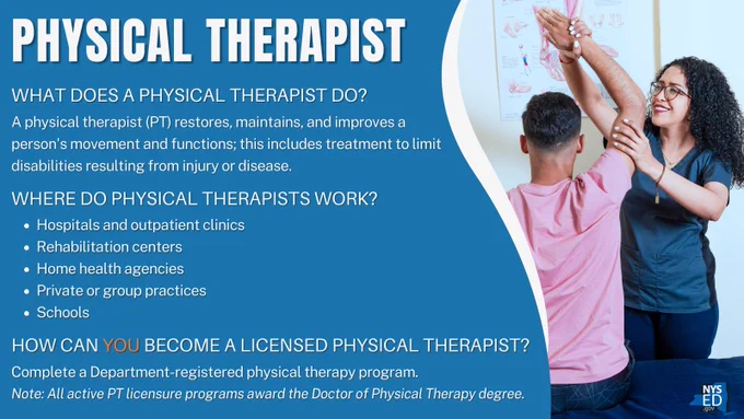 Physical Therapist
What Does a physical therapist Do?
A physical therapist (PT) restores, maintains, and improves a person's movement and functions; this includes treatment to limit disabilities resulting from injury or disease.
How can you Become a licensed Physical Therapist?
Hospitals and outpatient clinics
Rehabilitation centers
Home health agencies
Private or group practices
Schools
where do physical therapists work?
Complete a Department-registered physical therapy program.
Note: All active PT licensure programs award the Doctor of Physical Therapy degree.
