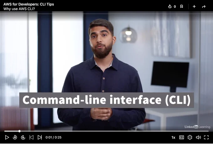 Screenshot of me(Rishab Kumar) in the AWS CLI Course on LinkedIn Learning.