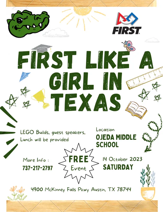 first like a girl flyer for Ojeda Middle School event
Saturday, October 14 from 9-1