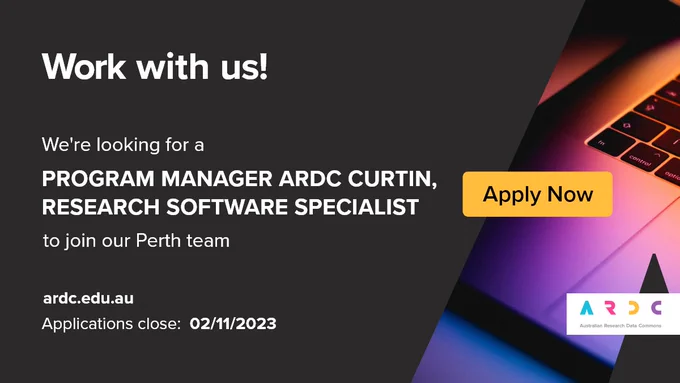 Card with the job title "Program Manager ARDC Curtin, Research Software Specialist" and the application closing date of 2 November 2023