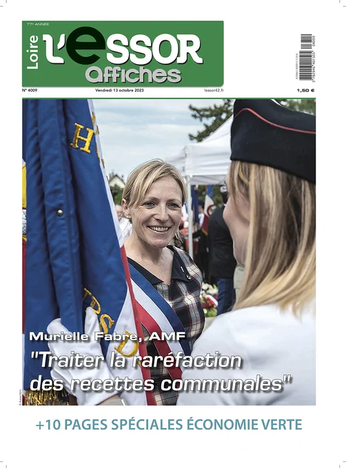 Une du journal L'Essor Loire du vendredi 13 octobre avec en photo Murielle Fabre secrétaire générale de l'Association des maires de France et nos 10 pages spéciales économie verte et transition écologique dans la Loire.