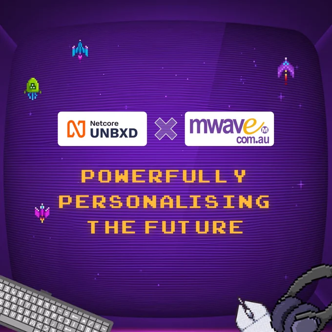Netcore Unbxd logo and MWave au logo with tagline, powerfully personalising the future.
