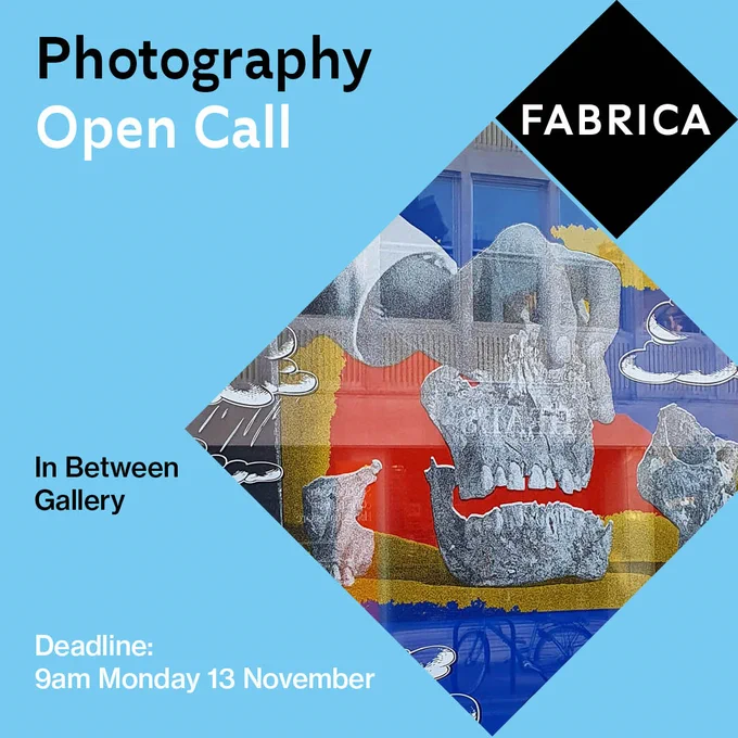 Advert reading 'Photography Open Call' on a pale blue background with a diamond aperture showing part of a digital collage made by artist and previous winner Duncan Poulton.