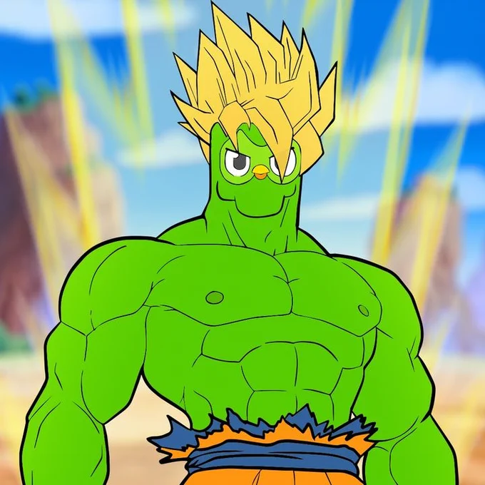 Duo, the green Duolingo owl, photoshopped onto the body of Goku from Dragon Ball Z