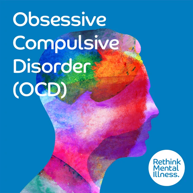 A blue background with the outline of a person's face on it. Title reads: Obsessive Compulsive Disorder (OCD). Rethink Mental Illness logo bottom right.