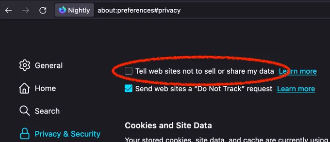 Screenshot of the Privacy section of Firefox settings where the option can be toggled