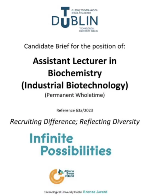A cover page of a job specification for an Assistant Lecturer in Biochemistry (Industrial Biotechnology) in TU Dublin, School of Food Science and Environmental Health. 