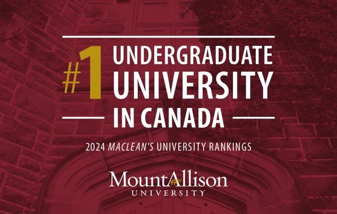 #1 Undergraduate University in Canada, 2024 Maclean's University Rankings, Mount Allison University logo.