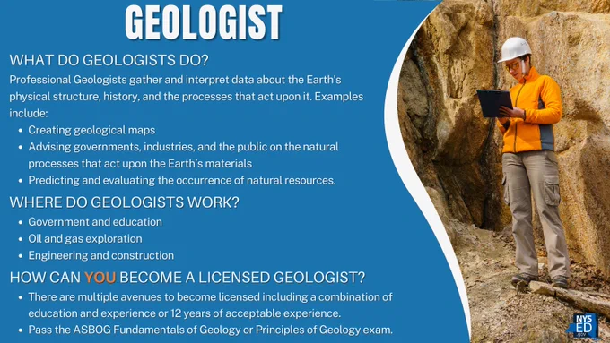 Geologist
What Do Geologists Do?
Professional Geologists gather and interpret data about the Earth’s physical structure, history, and the processes that act upon it. Examples include: 
Creating geological maps
Advising governments, industries, and the public on the natural processes that act upon the Earth’s materials
Predicting and evaluating the occurrence of natural resources.
How Can You Become a licensed Geologist?
There are multiple avenues to become licensed including a combination of education and experience or 12 years of acceptable experience.
Pass the ASBOG Fundamentals of Geology or Principles of Geology exam.
Where Do Geologists work?
Government and education
Oil and gas exploration
Engineering and construction
