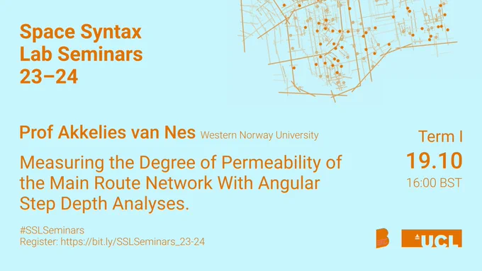 Seminar poster showing presenter (Prof Akkelies van Nes), title (Measuring the Degree of Permeability of the Main Route Network With Angular Step Depth Analyses), and date 19.10 at 4pm BST.