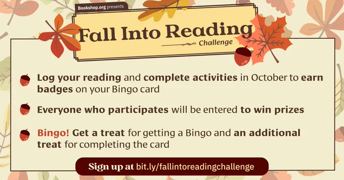 🍁 Join @Bookshop_org, which @WBrandPub supports, for a free fall-themed reading challenge. Log your reading & complete activities this Oct. to earn Bingo Card badges. Participants will be entered to win prizes PLUS more treats https://tinyurl.com/337exxee #BookLovers #FallIntoReading
