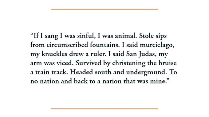 If I sang I was sinful, I was animal. Stole sips from circumscribed fountains. I said murcielago, my knuckles drew a ruler. I said San Judas, my arm was viced. Survived by christening the bruise a train track. Headed south and underground. To no nation and back to a nation that was mine.