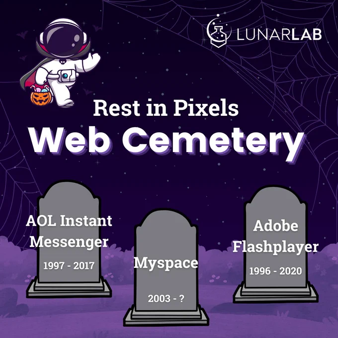 Halloween graphic with an astronaut dressed as a vampire holding a pumpkin trick-or-treat bag in the leftmost corner. Grave stones marked AIM, Myspace, and Adobe Flashplayer, each with their departure dates. Title: Rest in Pixels Web Cemetery.